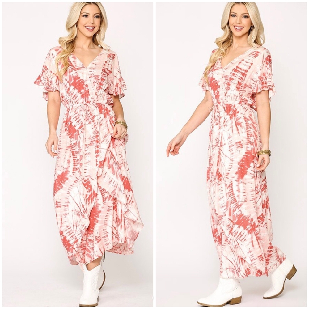 GIGIO Boho Chic Coral Color Tie-Dye Maxi Dress - Picture 5 of 5